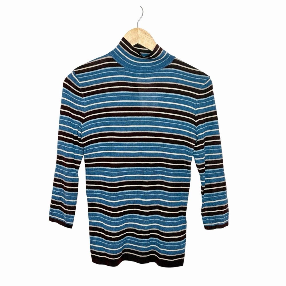 Zara Striped Mock Neck Knit Top Brown Blue Womens M Heritage Preppy Lightweight